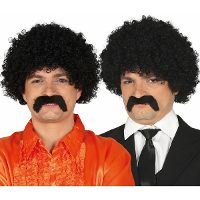 Verkleedpruik afro voor heren met krullen   inclusief snor   zwart   foute party