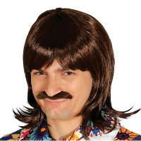 Verkleedpruik voor heren met stijl half lang haar   met snor   bruin   jaren 70   Carnaval/Seventies