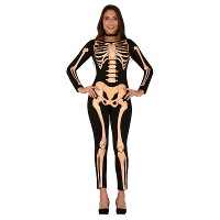 Zwart/oranje skelet verkleed kostuum voor dames   Geraamte/botten print   Halloween