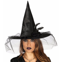 Zwarte heksenhoed met bloem en sluier   voor volwassenen   halloween