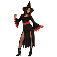 Zwarte lange heksen verkleed jurk met rode details   Dames   Halloween   Feestkleding