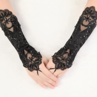Fingerless Lace Satin Gloves Double Motif Bride Wedding Dress Gloves