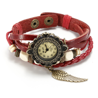 Flower Dial Weave Leather Wings Beaded Quartz Bracelet Wrist Watch