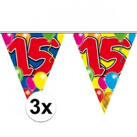 15 Jaar verjaardag vlaggenlijn/vlaggetjes   3x   kunststof   10 meter   eenzijdig