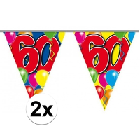 Leeftijd vlaggenlijn 60 jaar   2x   10 meter   plastic   60e verjaardag slinger   vlaggetjes