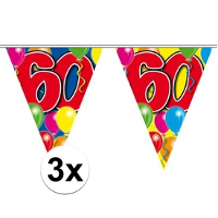 Leeftijd vlaggenlijn 60 jaar   3x   10 meter   plastic   60e verjaardag slinger   vlaggetjes