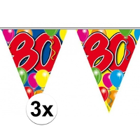 Leeftijd vlaggenlijn 80 jaar   3x   10 meter   plastic   80e verjaardag slinger   vlaggetjes