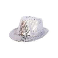 Folat Trilby Hoedje zilver   glitter   volwassenen   gleufhoedje   feesthoedje   pailletten
