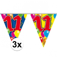 Vlaggenlijn 11 jaar   3x   10 meter   plastic   Leeftijd versiering   slingers 11e verjaardag