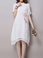 Folk Style Women Lotus Flower Printing Irregular Split Hem Dress