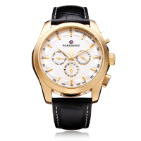 Forsining 3 Dial Gold Leather Mechanical Flywheel Calendar Men Watch