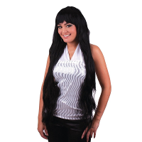 Funny Fashion Damespruik   lang steil haar met pony   zwart   carnaval verkleed pruiken