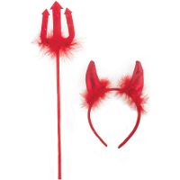 Duivels verkleed setje   hoorntjes diadeem en trident   rood   verkleed accessoires