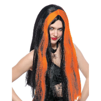 Funny Fashion Heksenpruik lang haar   zwart/oranje   dames   Halloween