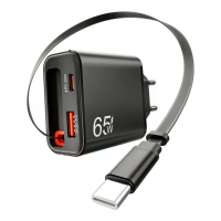 [GaN Tech] 65W PD 2 poorts USB PD oplader met Type C uittrekbare kabel + USB A + USB C PD QC3.0 Snelladen Wandoplader Ad