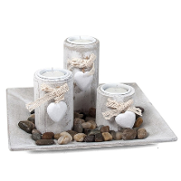 Gerimport Kaarsenbord plateau   3 kaarsenhouders   hout   deco stenen   23x23 cm