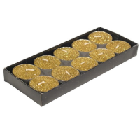 Theelichtjes/waxinelichtjes kaarsjes   10x st   goud glitters   3,5 cm