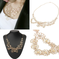 Gold Plated Hollow Out Crystal Camellia Flower Choker Pendant Necklace