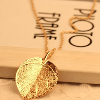 Gold Plated Leaf Pendant Long Chain Sweater Necklace For Women