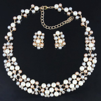 Gold Plated Pearl Crystal Necklace Earrings Wedding Jewelry Set
