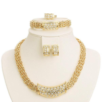 Gold Rhinestone Bridal Ring Bracelet Earrings Necklace Jewelry Set