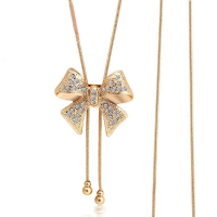 Gold Silver Rhinestone Bowknot Beads Pendant Sweater Chain Necklace