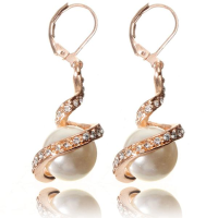 Gold Silver Rhinestone Spiral Twist Pearl Dangle Drop Earrings