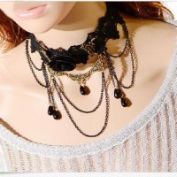Gothic Women Black Rose Flower Beads Lace Collar Necklace Jewelry