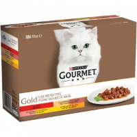 Gourmet Gold Fijne Hapjes in saus met rund, kalkoen en eend, zalm en kip, kip en lever 1 verpakking (48 x 85 g)