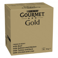 Gourmet Gold Fijne Hapjes in saus met rund, kip lever, zalm kip, kalkoen eend natvoer kat (85 g) 96 x 85 g