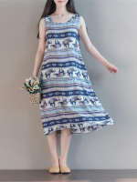 Gracila Animals Print Sleeveless O Neck Cotton Dresses For Women
