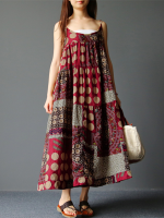 Gracila Bohemian Spaghetti Strap Printed Retro Loose Women Maxi Dresses