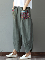 Gracila Casual Women Elastic Print Patchwork Irregular Pant