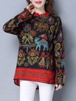 Gracila Ethnic Floral Printed Stand Collar Tops