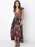 Gracila Ethnic Style Floral Printed Short Sleeve Deep V Neck Dress For Women