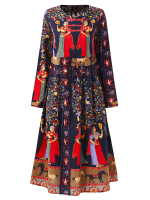 Gracila Folk Style Long Sleeve Print Plate Buckle Loose Women Dresses