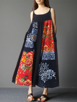 Gracila Folk Style Print Patchwork Spaghetti Strap Loose Maxi Dresses For Women