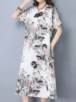 Gracila Folk Style Women Short Sleeve Pocket Printed Loose Dresses