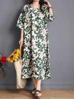 Gracila Leaf Print Loose O Neck Half Sleeve Dress For Women