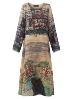 Gracila Printed Long Sleeve O Neck Casual Loose Dresses