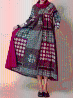 Gracila Printed Patchwork Loose Turtleneck Long Sleeve Women Dress