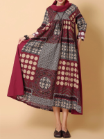 Gracila Printed Patchwork Loose Turtleneck Long Sleeve Women Dresses