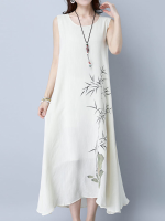 Gracila Sleeveless Bamboo Printed Loose Hem Women Maxi Dresses