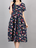Gracila Women Birds Print Pleated Loose Short Sleeve Dresses