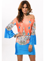 Gracila Women Ethnic Printed Off Shoulder Long Sleeve Beach Minidresses