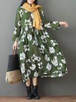 Gracila Women Floral Print Loose O Neck Dress