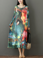 Gracila Women Long Sleeve O Neck Printed Elegant Dress