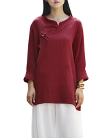 Gracila Women Long Sleeve Pure Color Frog Buttons Vintage Blouse