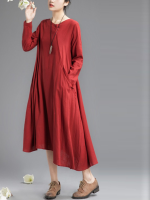 Gracila Women Long Sleeve Solid Color Irregular Hem Mandarin Collar Dress