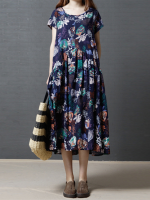 Gracila Women Short Sleeve Floral Print O Neck Loose Vintage Dresses